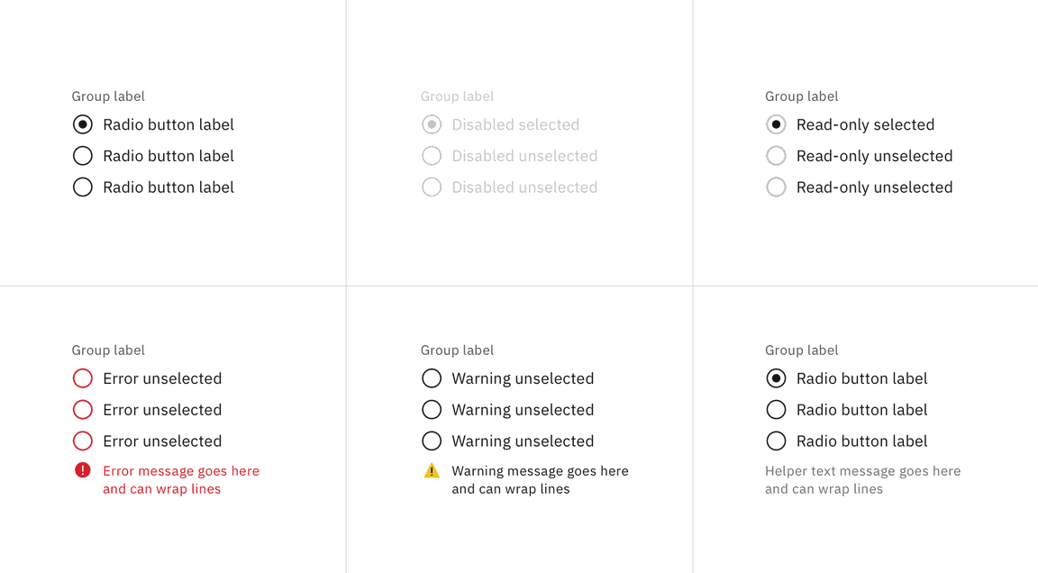 Examples of focus, disabled, read-only, error, and warning states